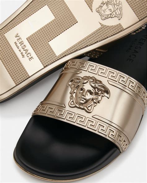 gold metallic versace slides|Versace palazzo slides.